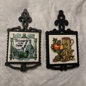 VTG Trivet Ceramic Tile Cast Iron Hot Plates Japan HS Cherry Kitchen MCM